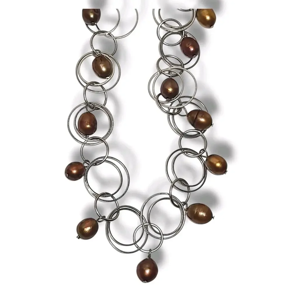 Silver Tone‎ Hoop Chain Bronze Potato Freshwater Pearls Station Necklace